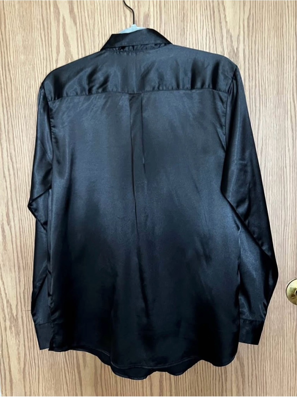 Women’s Black Satin Button-Up Blouse - Classic Collared Top - Picture 4 of 7